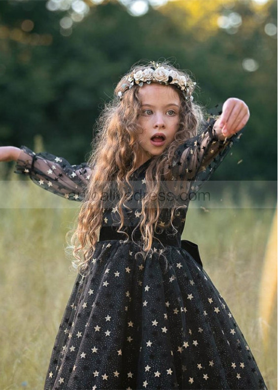 Long Sleeves Black And Gold Stars Tulle Flower Girl Dress